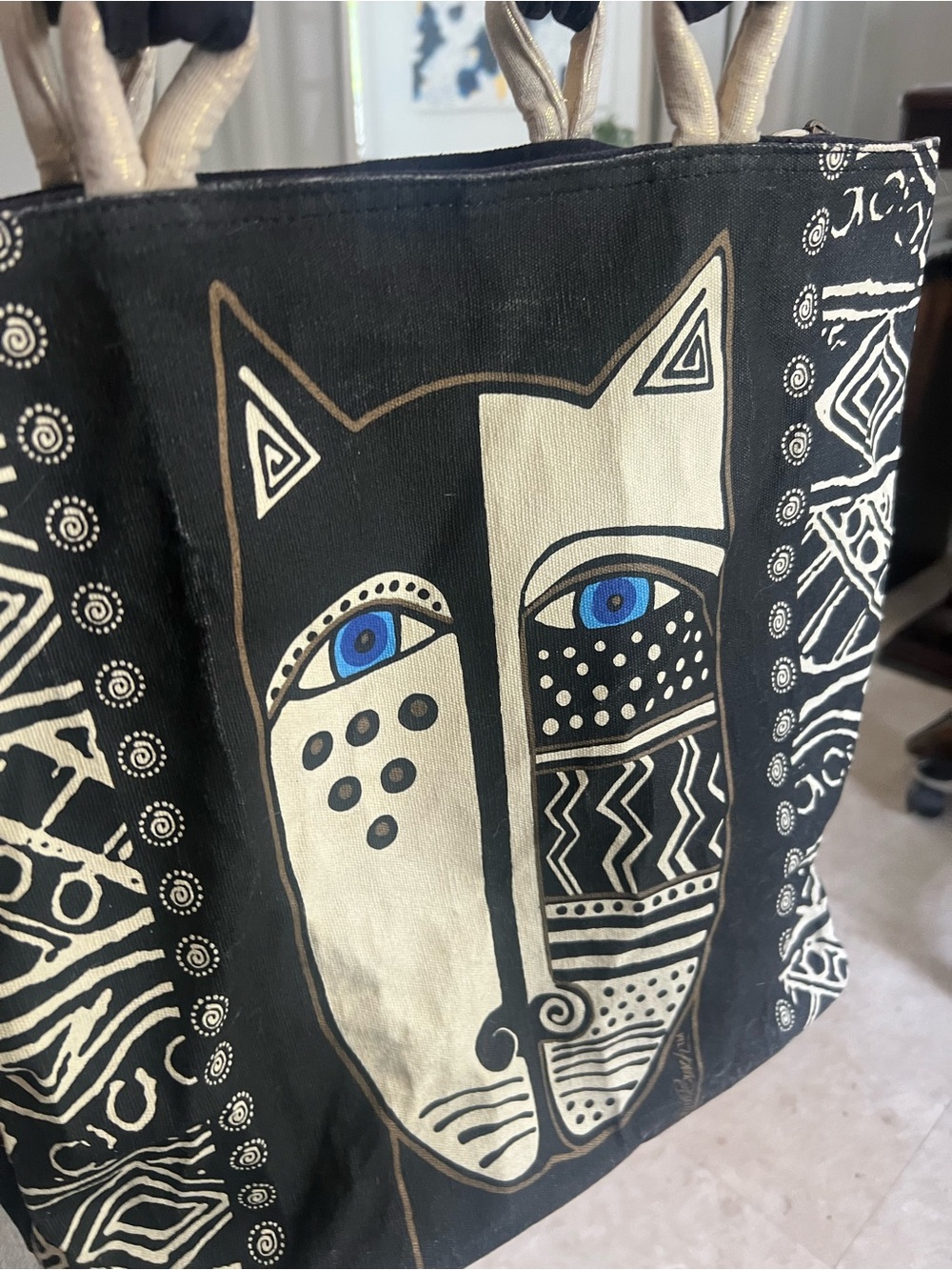 LAUREL BURCH CAT Shoulder TOTE BAG Black & White Cats Geometric rare vintage - Picture 3 of 11